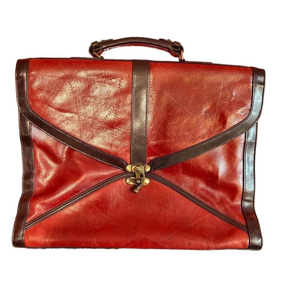 Marc Chantal Leather Messenger Briefcase Red Boho Shoulder Travel Bag Patchwork